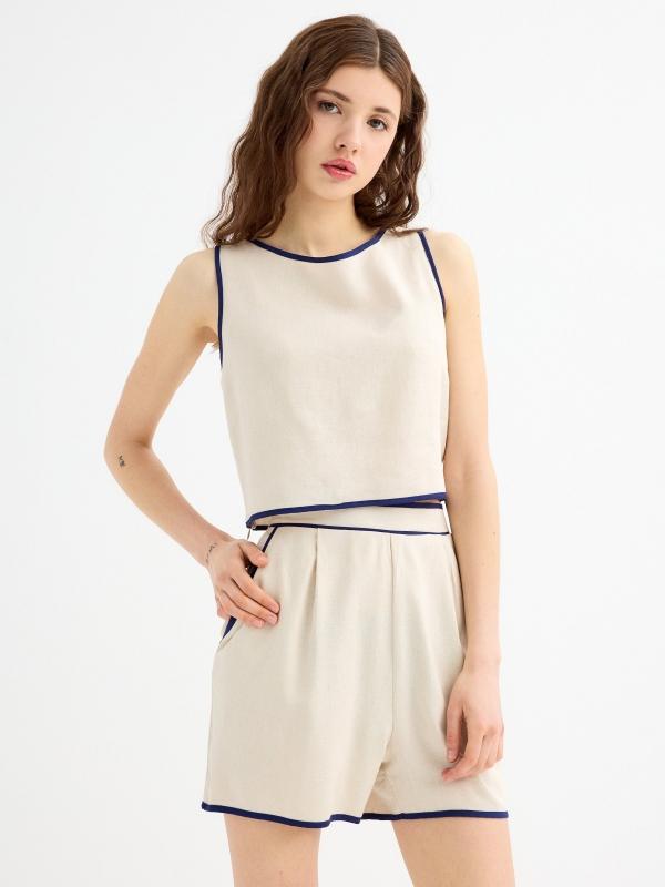 In side Pantalón corto fluido lino contraste