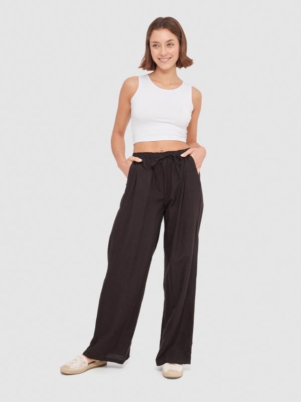 In side Pantalón wide-leg lino