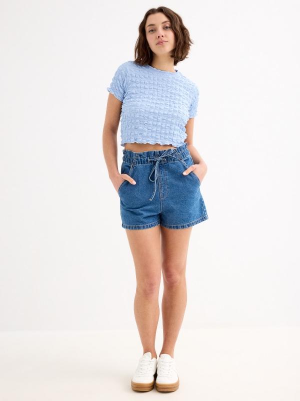 In Side Short Denim Baggy Cintura Elástica