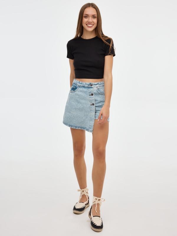 In Side Skort Denim Con Botones