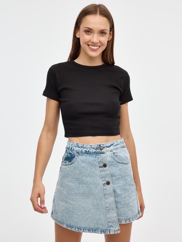 In Side Skort Denim Con Botones