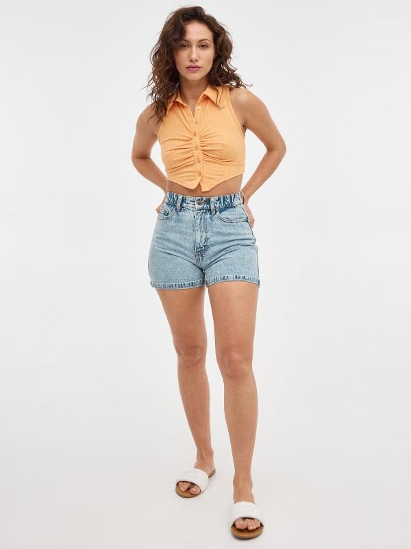 In Side Top Sin Magas Frunce Cuello Polo