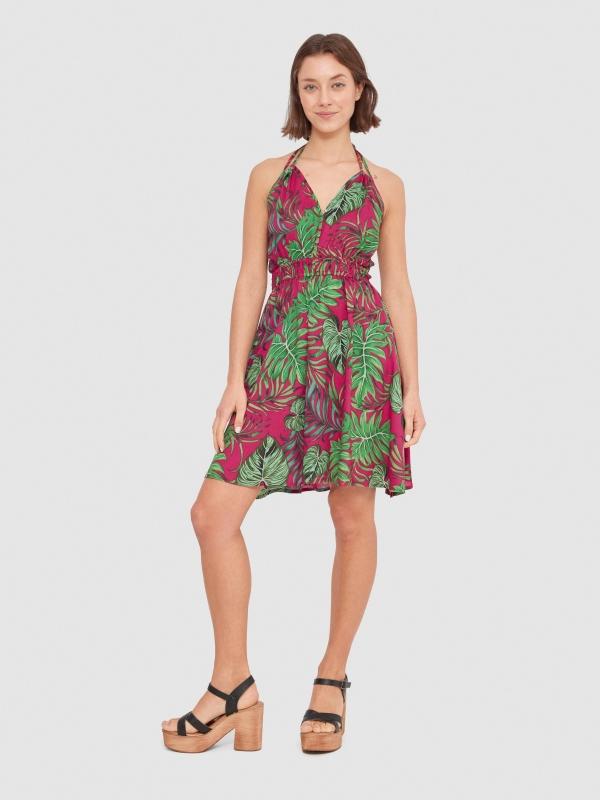 In Side Vestido Halter Estampado Tropical