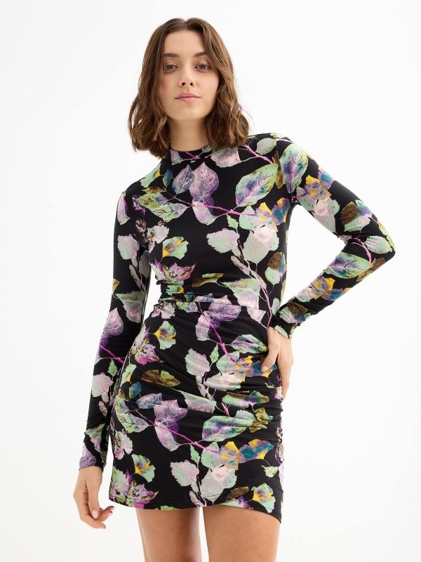In side Vestido mini fruncido estampado hojas