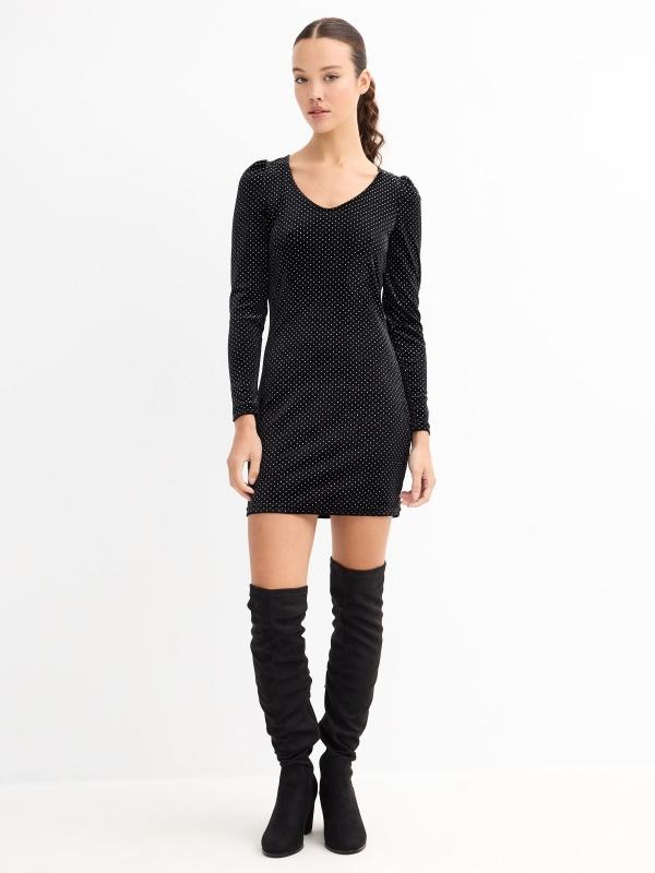 In Side Vestido Mini Terciopelo Negro Con Brillo