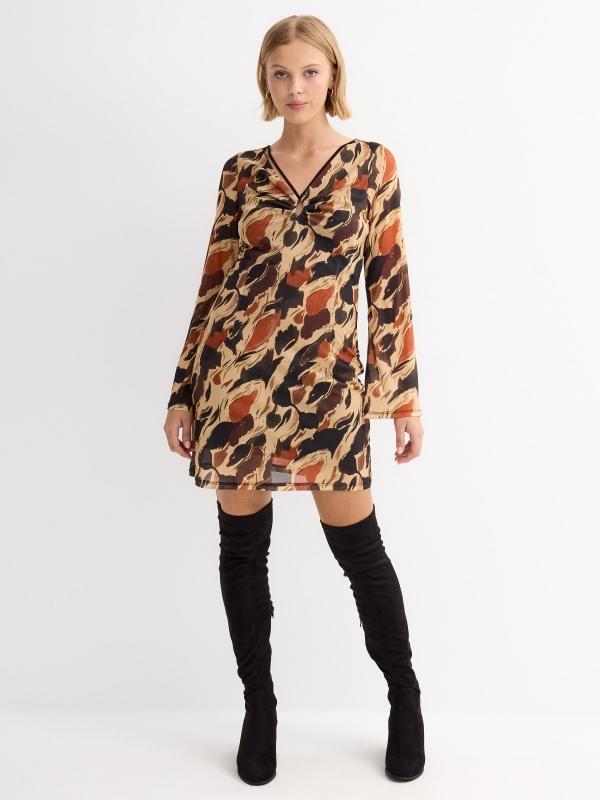 In Side Vestido Tul Estampado Escote Pico