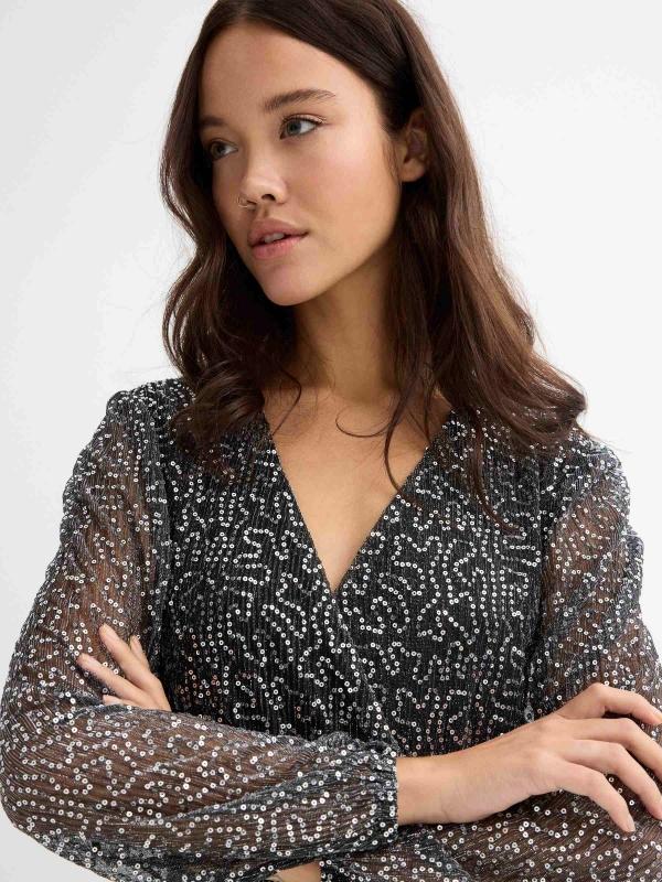 In Side Vestido Mini Cruzado Con Volante Y Lentejuelas