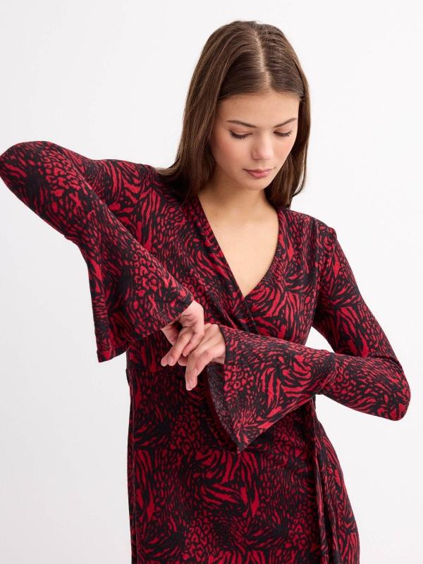 In Side Vestido Mini Manga Campana Cruzado Animal Print