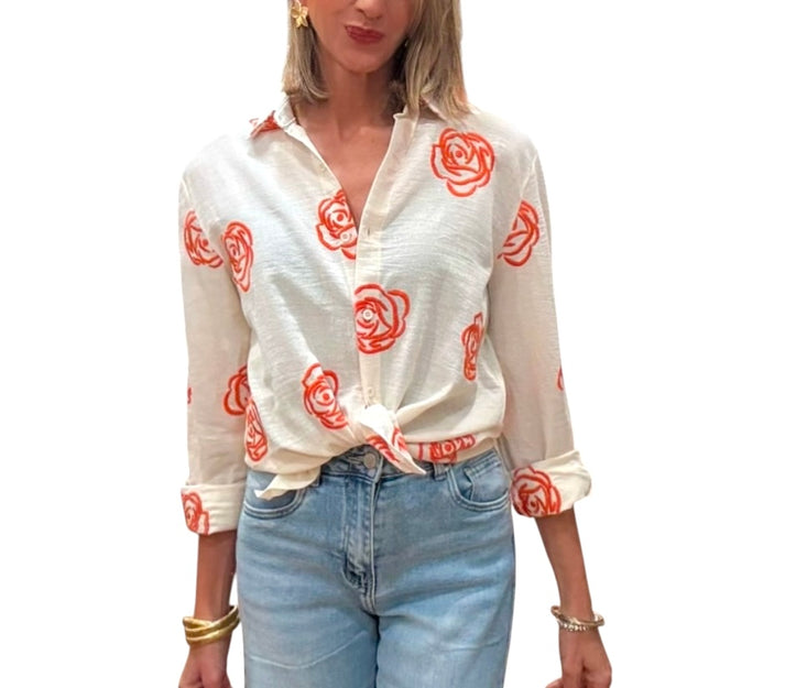 Jolie Jolie Camisa Bordada Beige&naranja