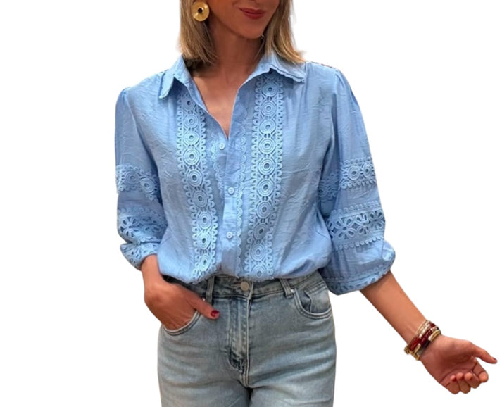 Jolie Jolie Camisa Bordados Azul Celeste