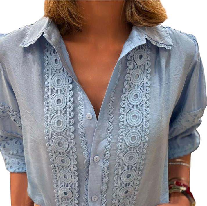 Jolie Jolie Camisa Bordados Azul Celeste