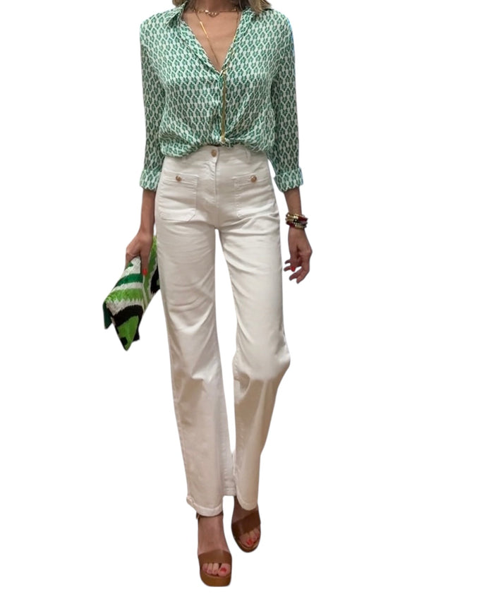 jolie jolie Denim bolsillos botón dorado blanco