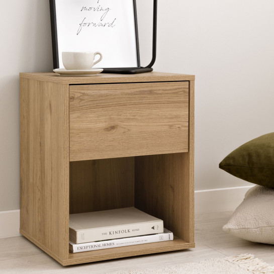 Kenay Home Conjunto Cabecero Tapizado 150 Beige Ilan + 2 Mesitas De Noche Natural 1 Cajón Hegas