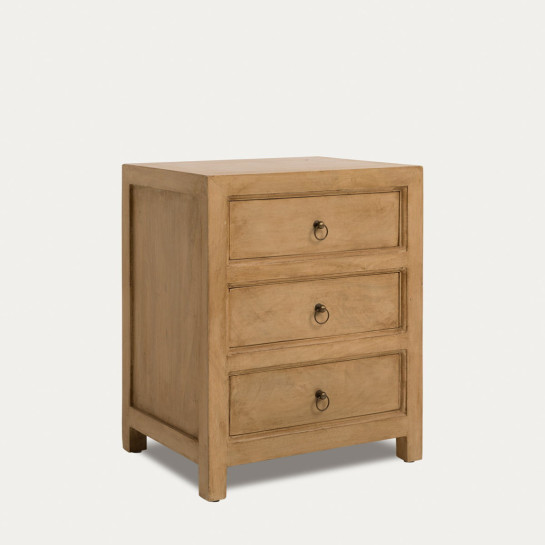 Kenay Home Conjunto Cabecero Tapizado 150 Perla Solum + 2 Mesitas De Noche Natural 3 Cajones Rustic