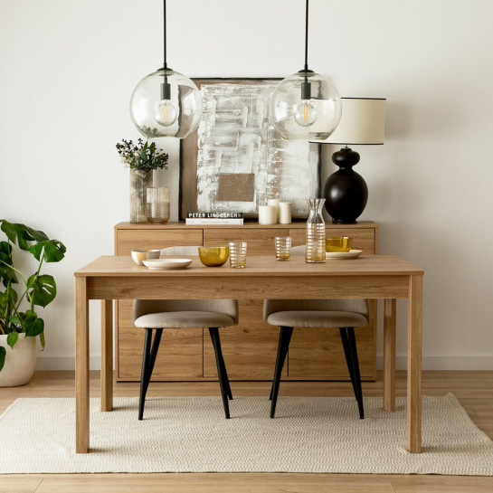 Kenay Home Conjunto Mesa Comedor Extensible Rectangular Natural 140 Hegas + 4 Sillas Tapizadas Gris