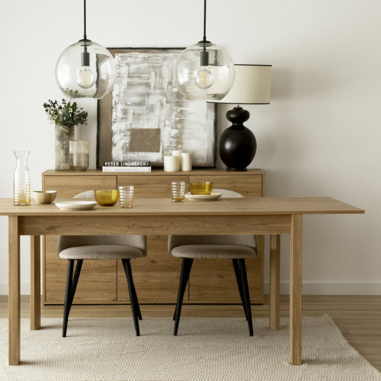 Kenay Home Conjunto Mesa Comedor Extensible Rectangular Natural 140 Hegas + 4 Sillas Tapizadas Gris