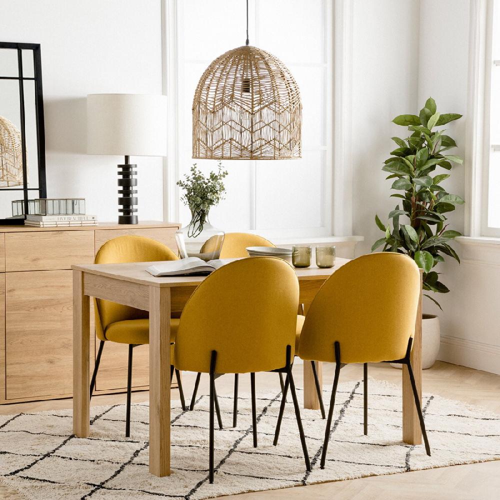 kenay home Conjunto mesa de comedor extensible natural 120 Hegas + 4 sillas tapizadas mostaza Tall