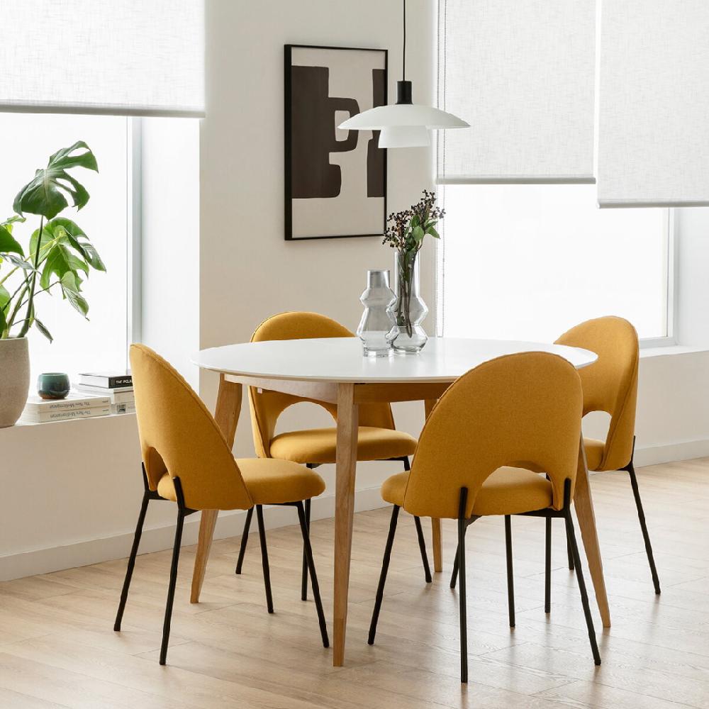 kenay home Conjunto mesa de comedor extensible redonda blanca-natural 120 + 4 sillas tapizadas mostaza
