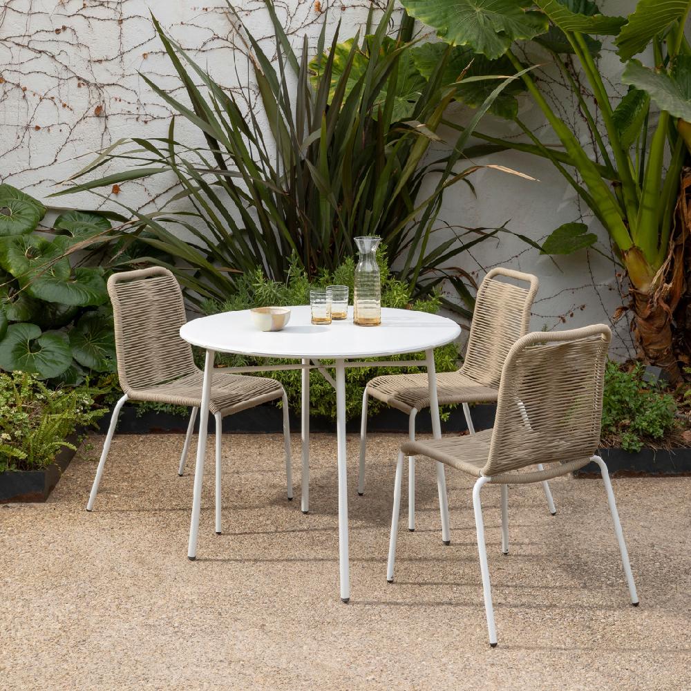 kenay home Conjunto mesa de jardín redonda blanca 90 Loise + 4 sillas de jardín blancas Bowen