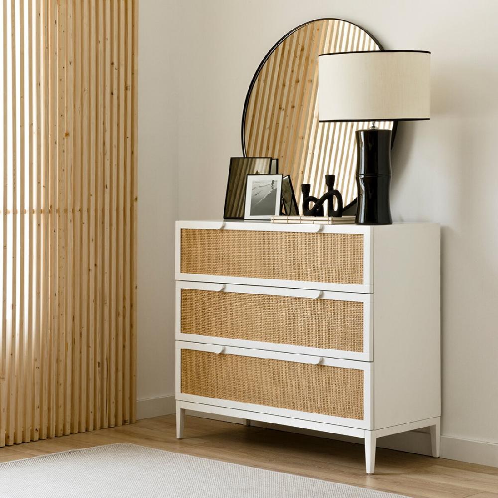 kenay home Cómoda blanca y ratán 3 cajones