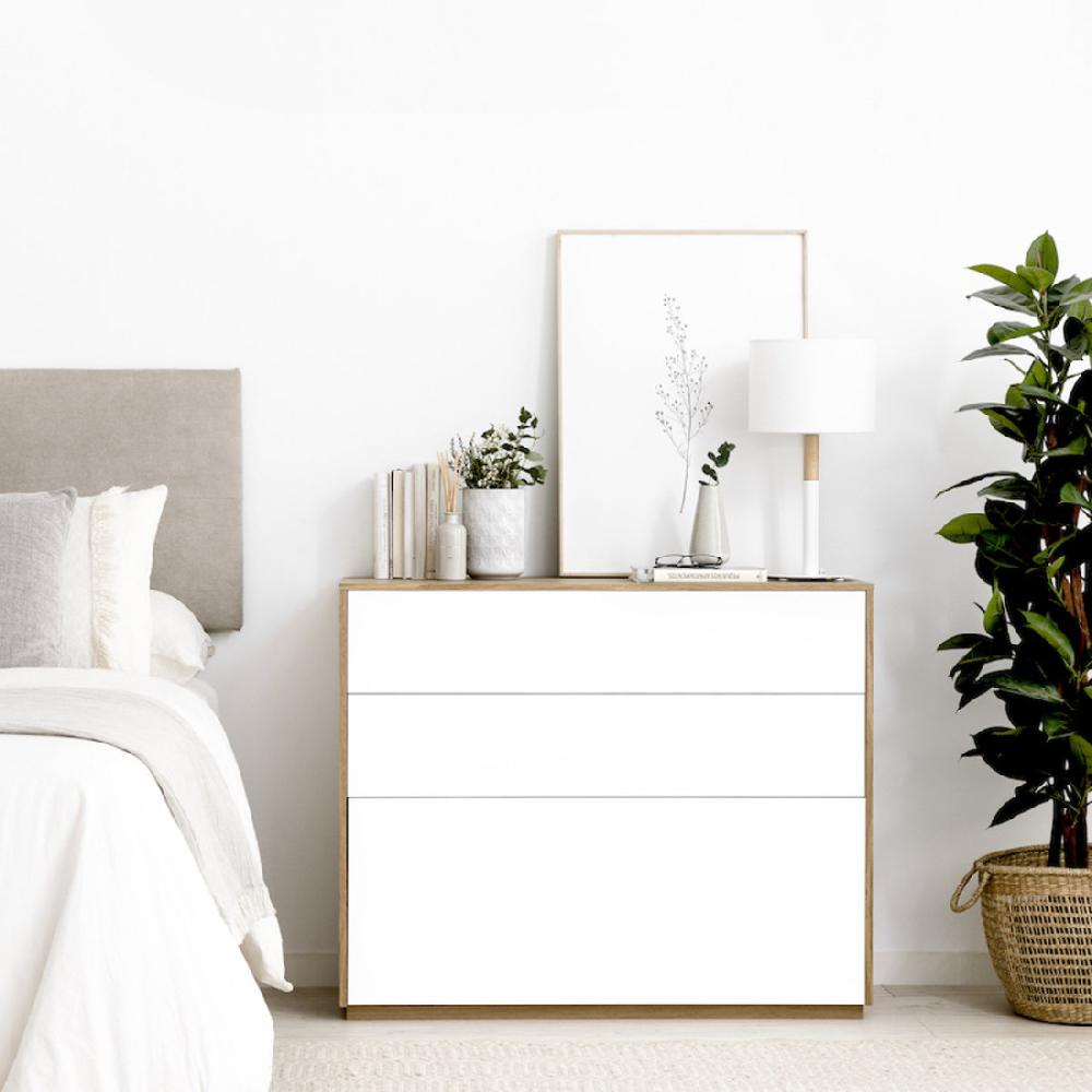 kenay home Cómoda blanca y roble 3 cajones