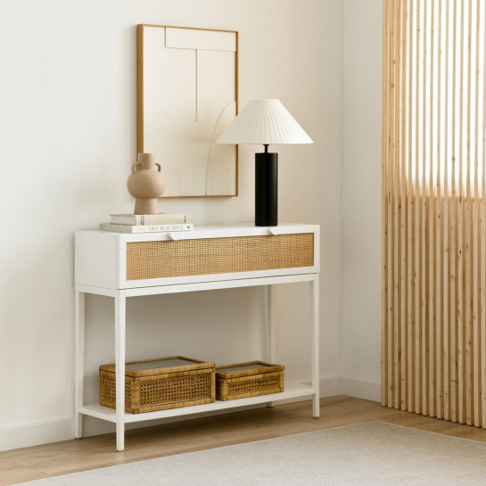 Kenay Home Consola Blanca Y Ratán 1 Cajón