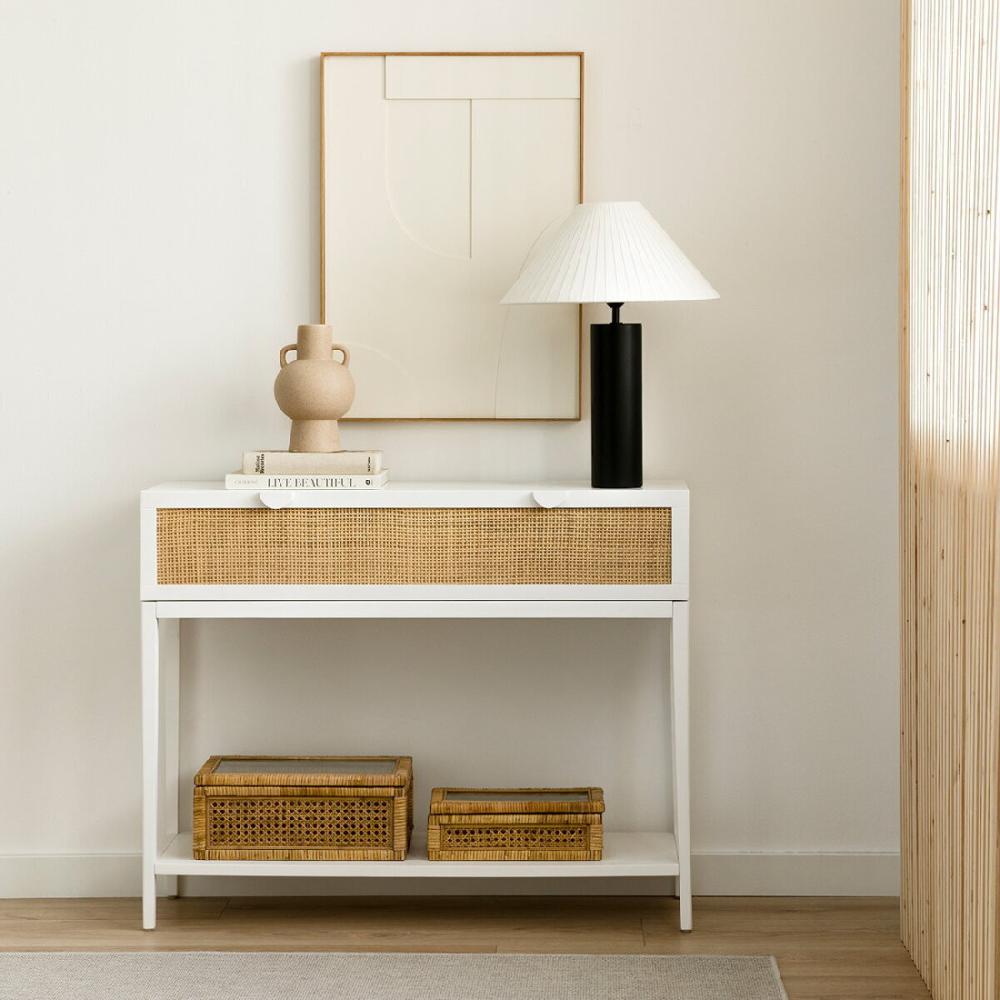 kenay home Consola blanca y ratán 1 cajón
