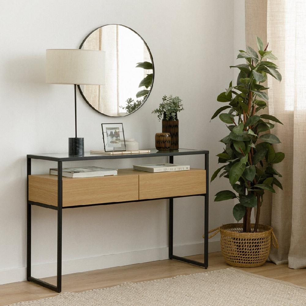 kenay home Consola negra y natural 2 cajones