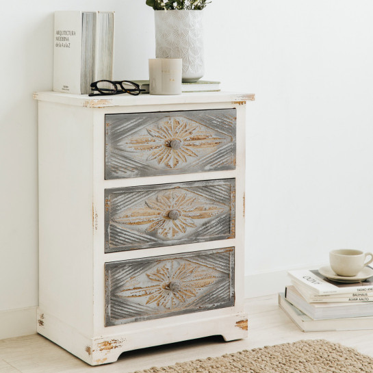 Kenay Home Mesita De Noche Blanca Y Gris 3 Cajones