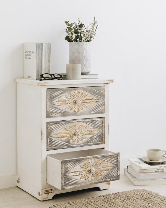 Kenay Home Mesita De Noche Blanca Y Gris 3 Cajones