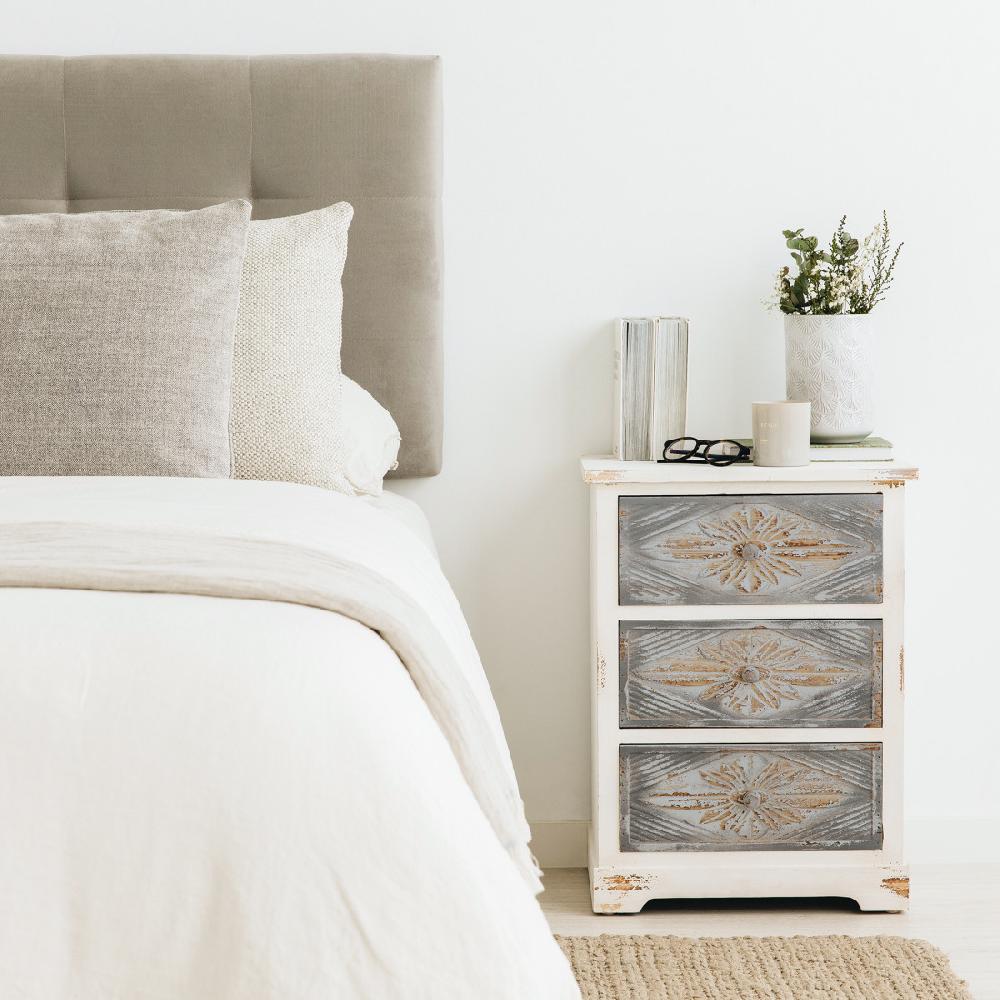 kenay home Mesita de noche blanca y gris 3 cajones