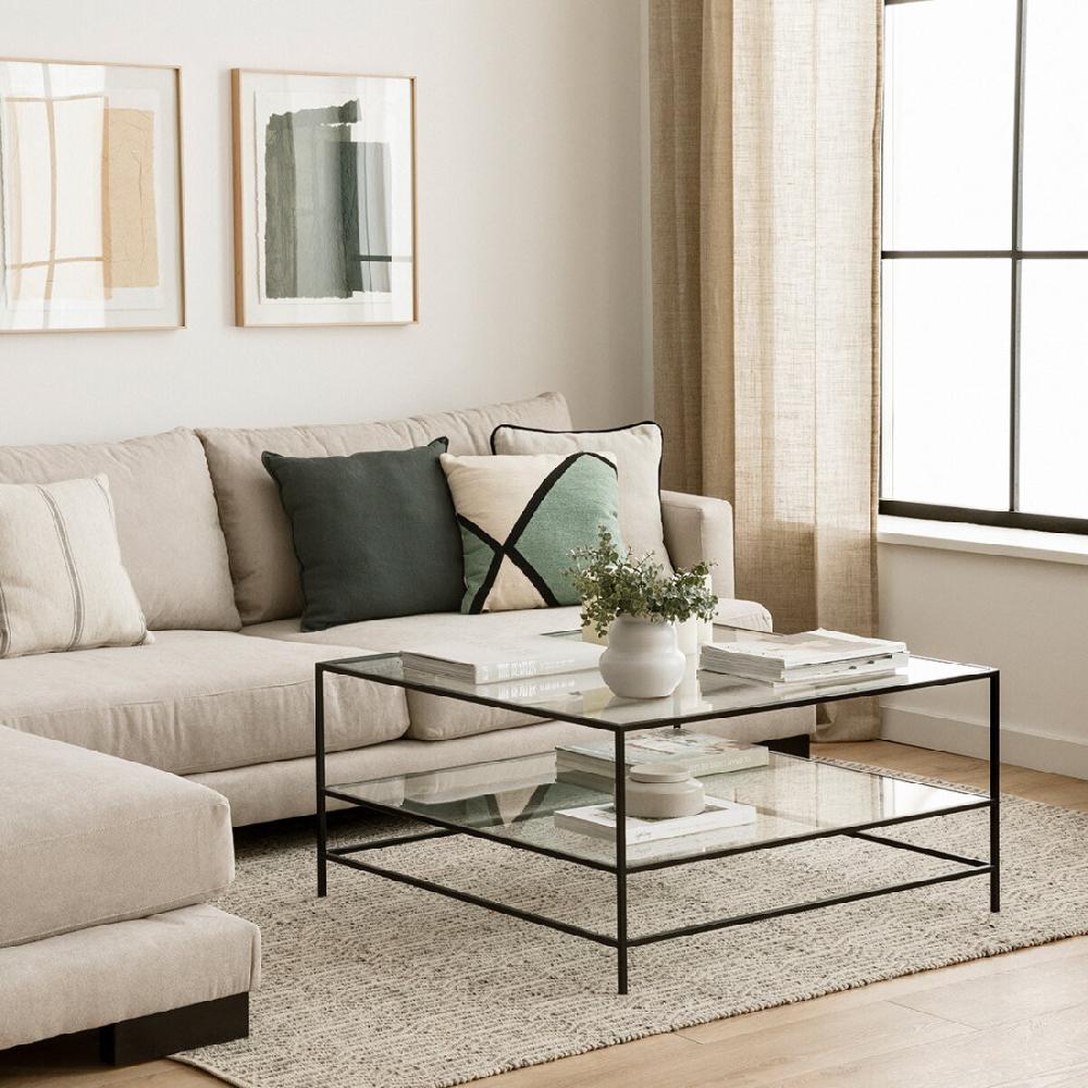 kenay home Mesa de centro cuadrada negra y cristal 90