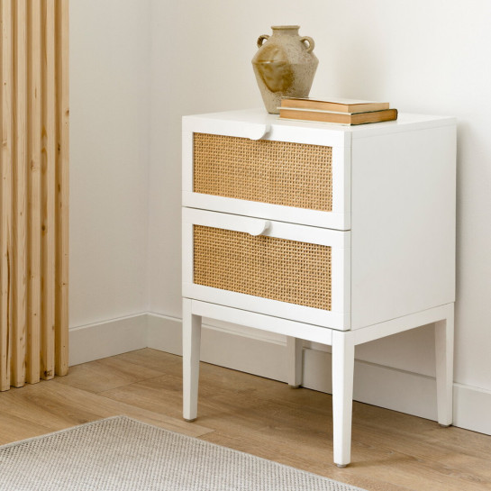 Kenay Home Mesita De Noche Blanca Y Ratán 2 Cajones