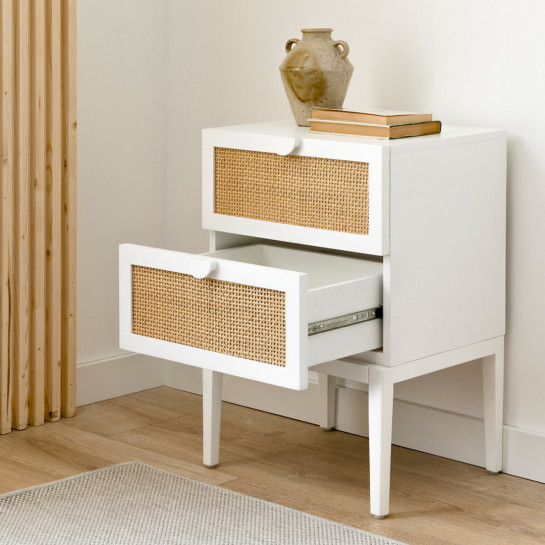 Kenay Home Mesita De Noche Blanca Y Ratán 2 Cajones