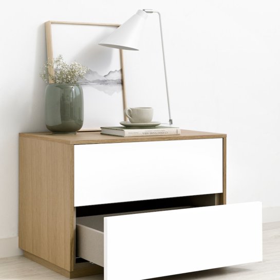 Kenay Home Mesita De Noche Blanca Y Roble 2 Cajones A60