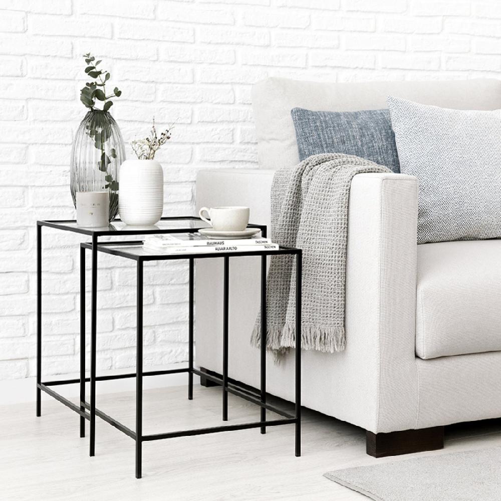 kenay home Set mesas auxiliares cuadradas negro y cristal