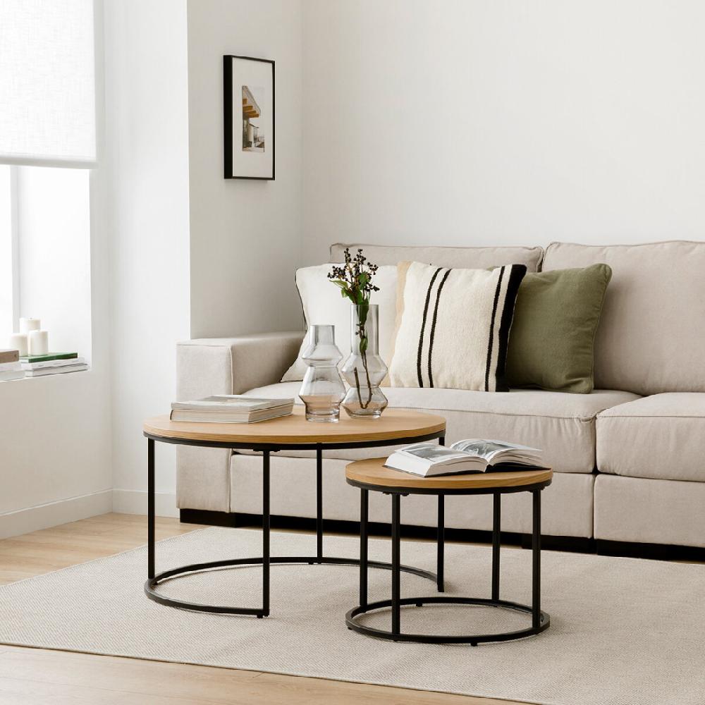 kenay home Set mesas de centro redondas natural y negro