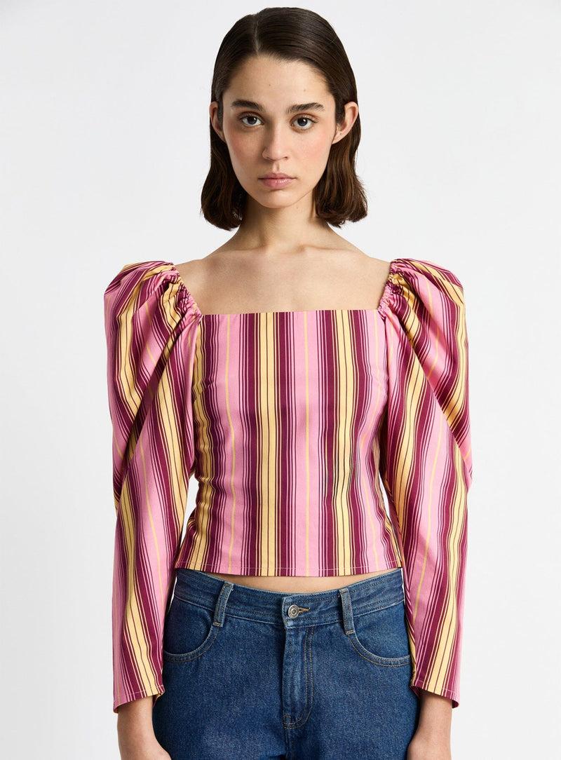 laagam BRIGITTE PINK STRIPED PUFF SLEEVE BLOUSE