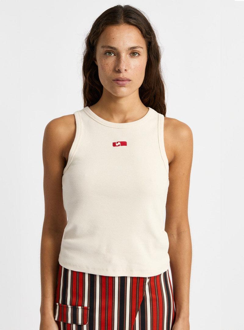 laagam ECRU EMBROIDERED LOGO TANK TOP