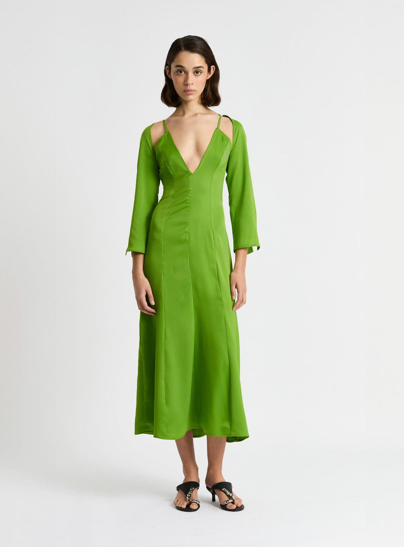 laagam KIMBERLY GREEN SATIN MIDI DRESS