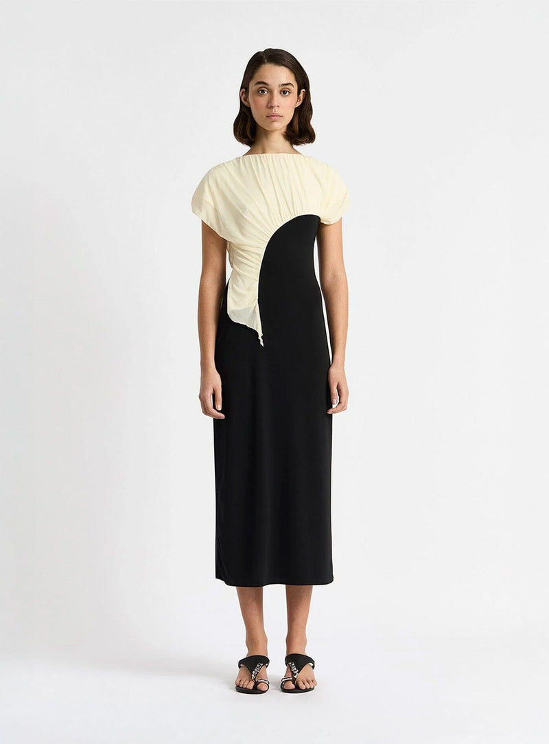 laagam LIBRA BLACK & ECRU DRAPED MIDI DRESS