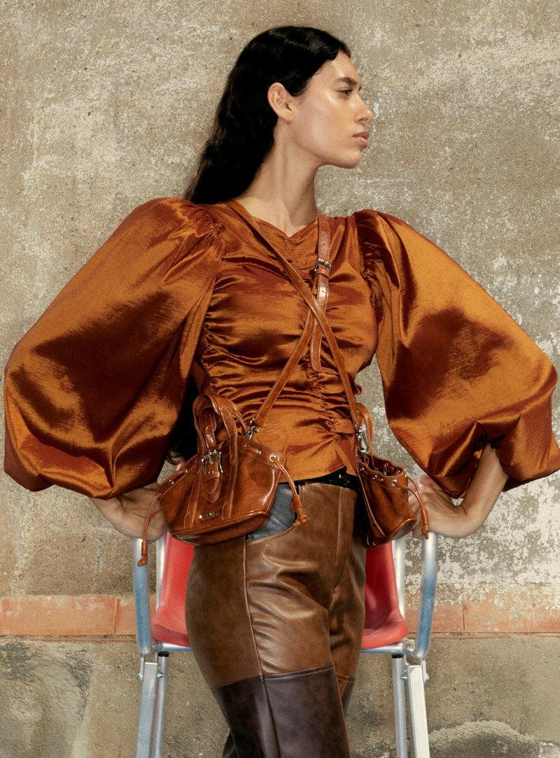 laagam VIVIENNE BROWN PUFF SLEEVE BLOUSE