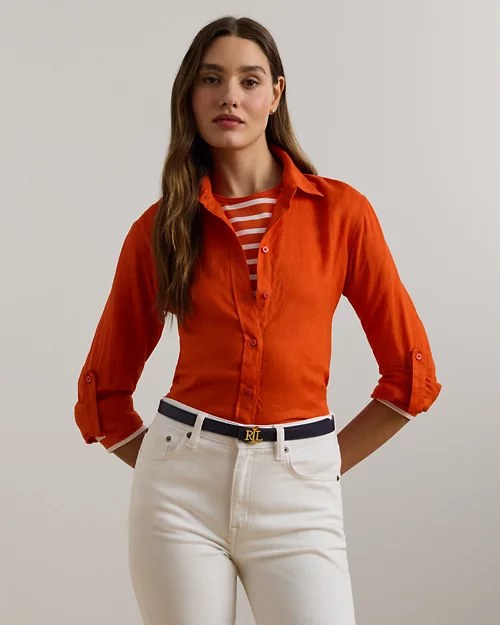 lauren ralph lauren Camisa de lino con manga vuelta para mujer | Ralph Lauren® ES