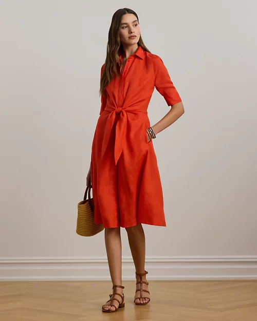 lauren ralph lauren Vestido camisero anudado de lino para mujer | Ralph Lauren® ES