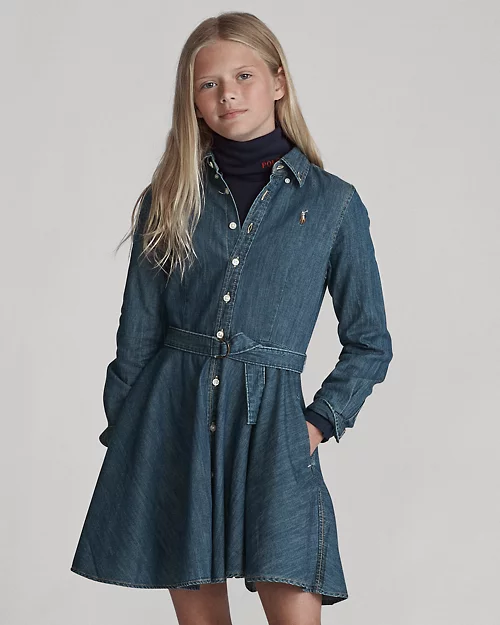 lauren ralph lauren Vestido camisero denim de algodón con cinturón para niña | Ralph Lauren® ES