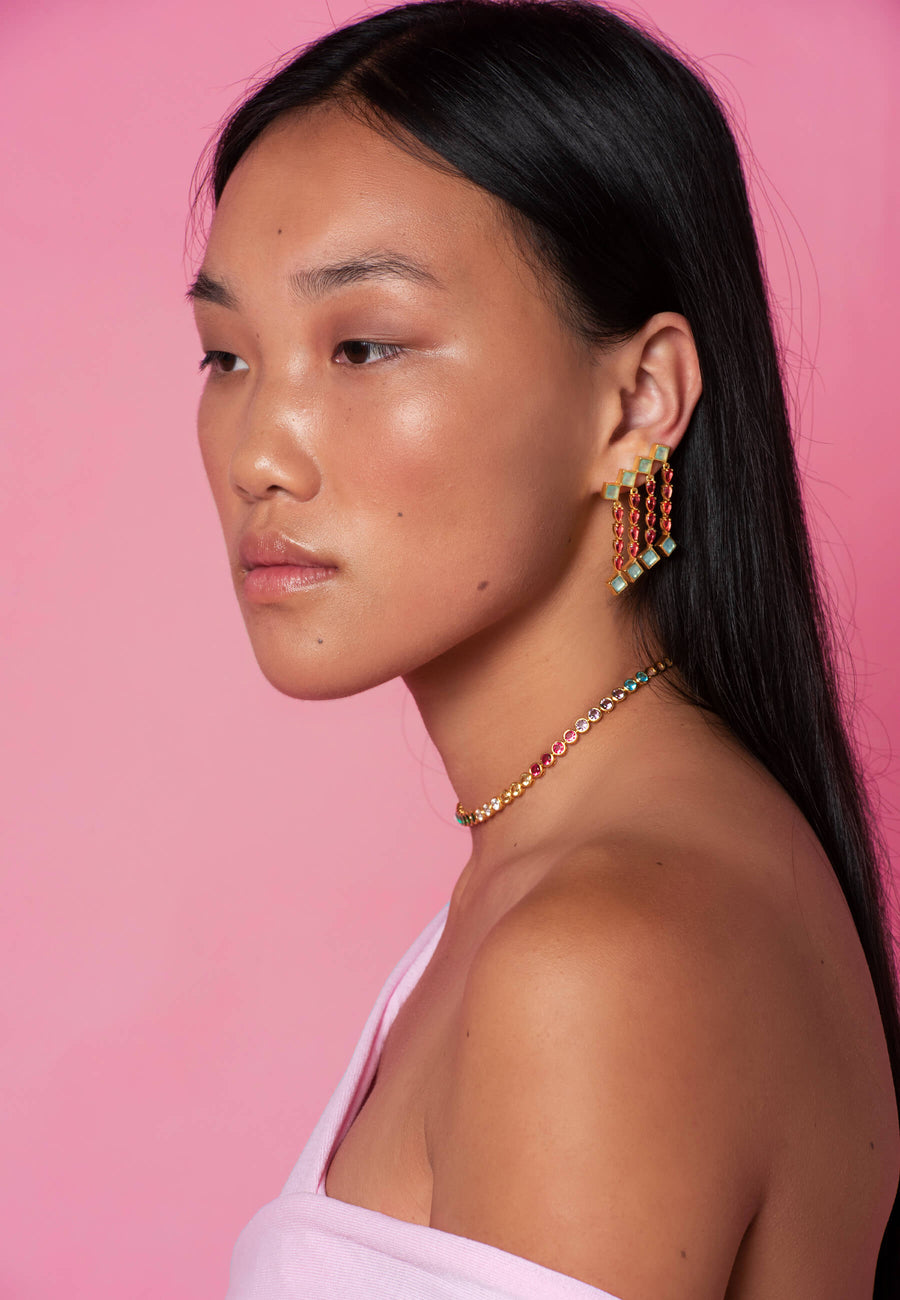 Lavani Pendientes Trepadores Verde Agua Y Rosa Odeon