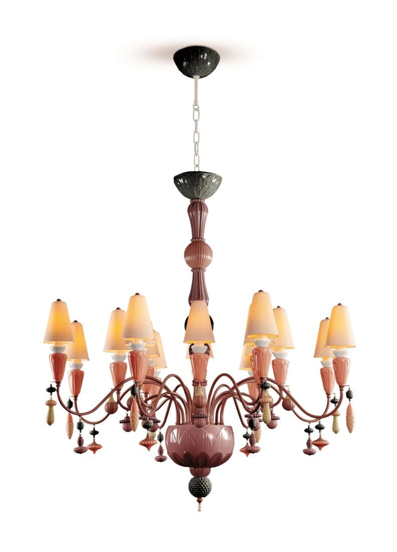 Lladro Chandelier Ivy And Seed 16 Luces. Mediano Plano. Coral Rojo (CE/UK/CCC)