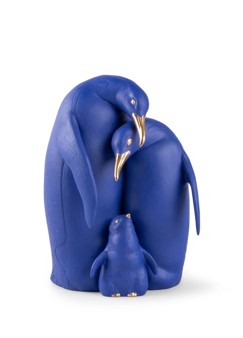 lladro Escultura Familia de pingüinos. Azul-dorado. Serie Limitada