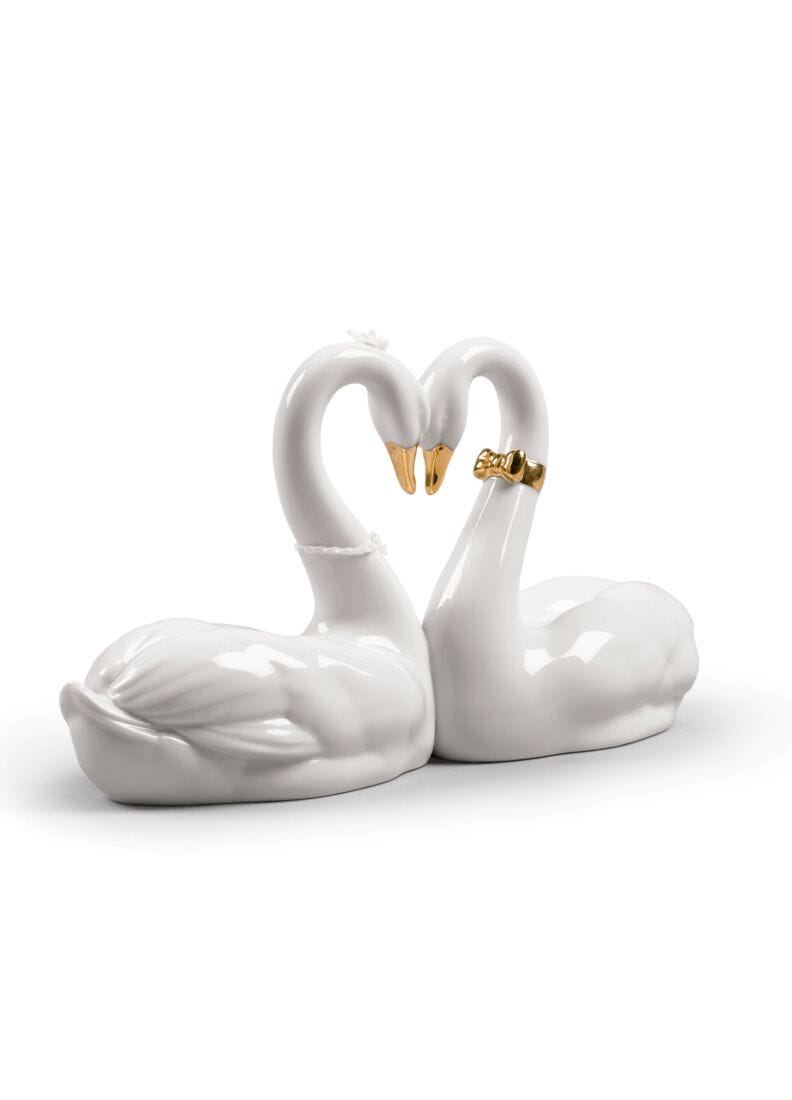 Lladro Figura Cisnes Corazón Blanco. Lustre Dorado