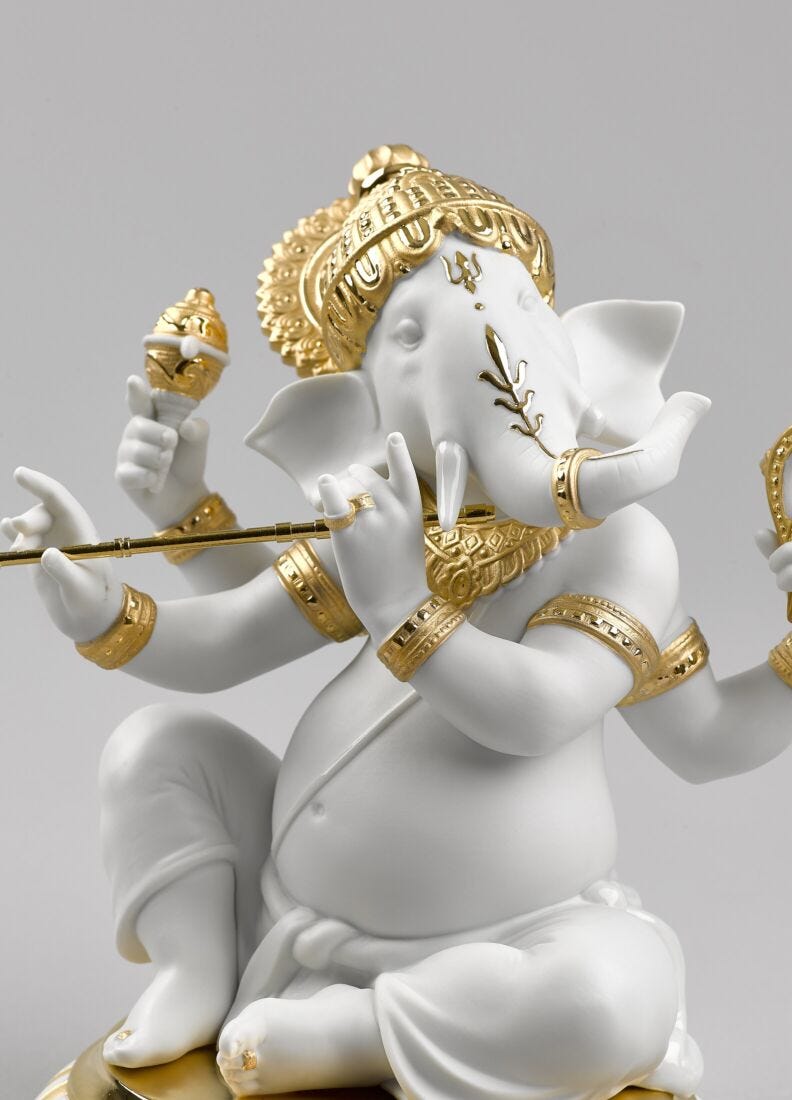 Lladro Figura Ganesha Con Bansuri. Lustre Oro